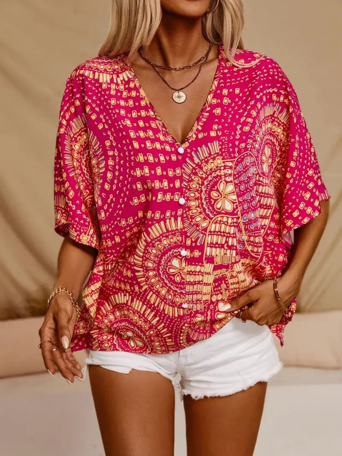 Printed V-Neck Half-Sleeve Top