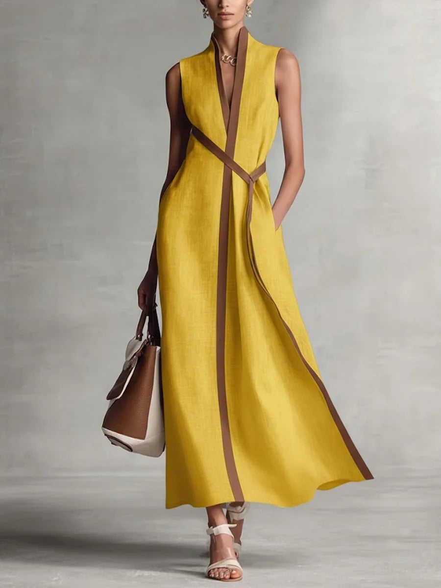 Color Block Sleeveless Linen-Blend Dress
