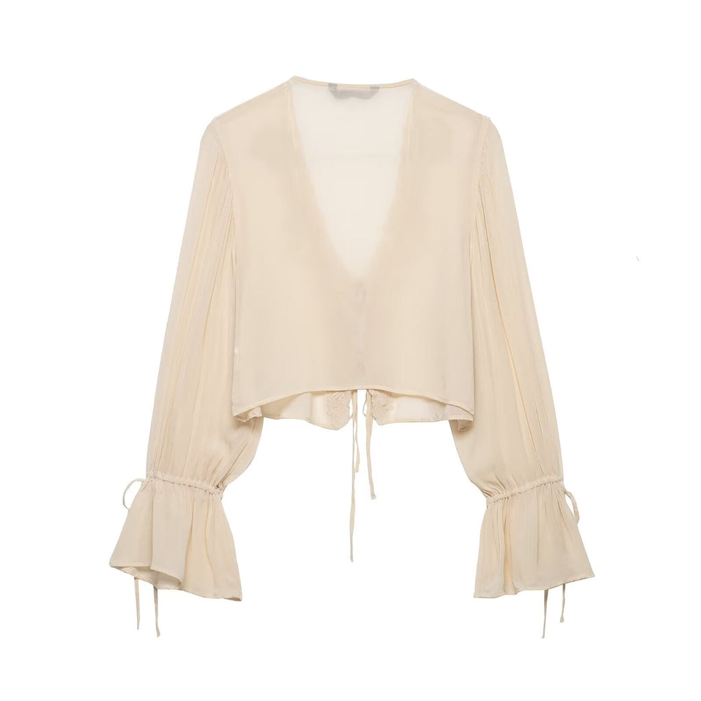 Lace-Up Embroidered V-Neck Blouse