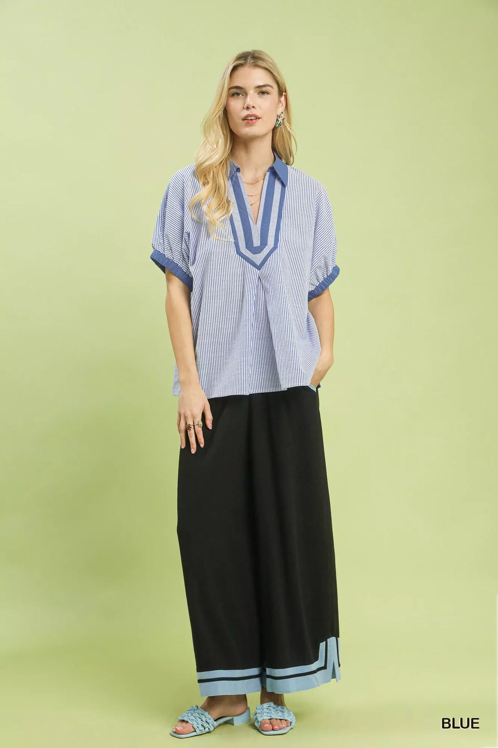 Umgee Contrast-Trim Striped Popover Top