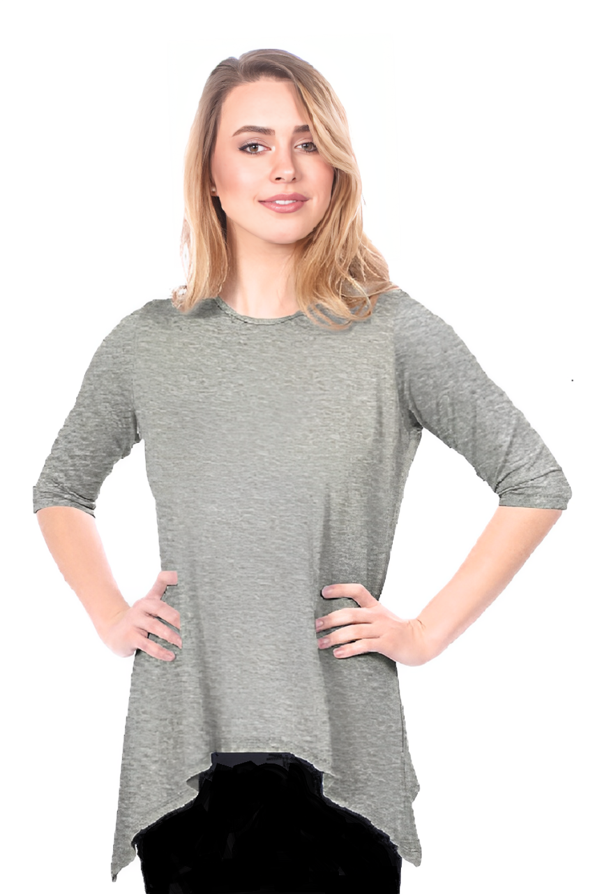 Modest Handkerchief Tunic Top - 3/4 Sleeve Comfort Flow Design - Solid Colors