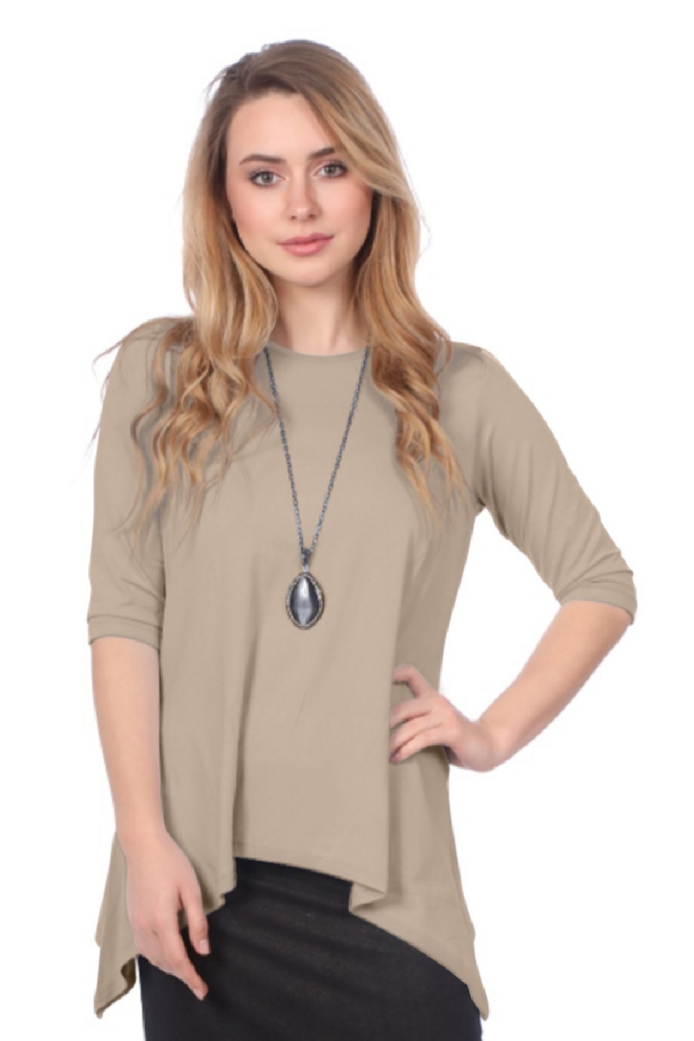 Modest Handkerchief Tunic Top - 3/4 Sleeve Comfort Flow Design - Solid Colors