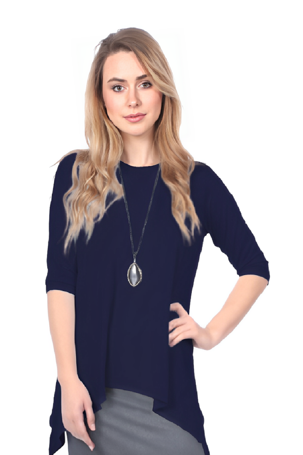 Modest Handkerchief Tunic Top - 3/4 Sleeve Comfort Flow Design - Solid Colors