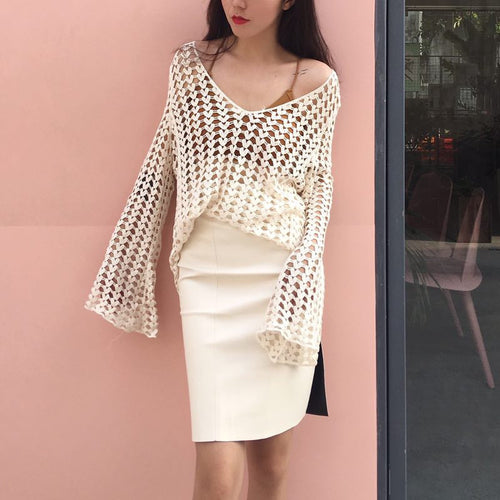 Crochet Cutout Long-Sleeve Blouse