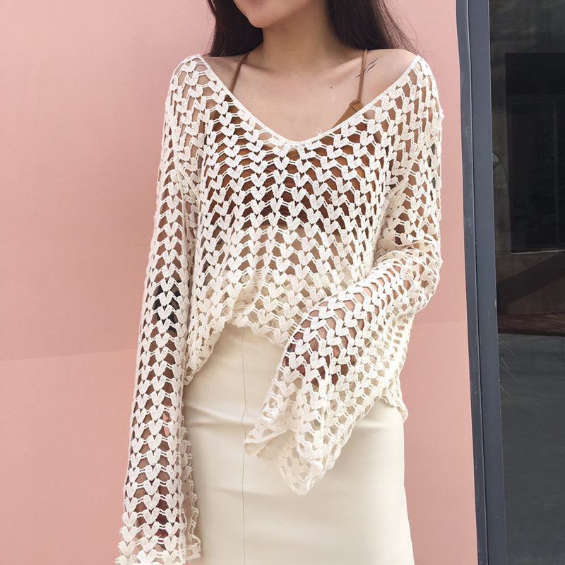 Crochet Cutout Long-Sleeve Blouse