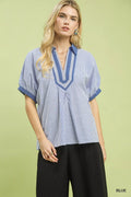 Umgee Contrast-Trim Striped Popover Top