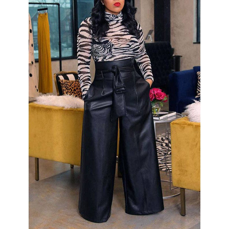 Faux Leather Wide-Leg Belted Pants