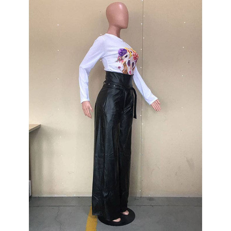 Faux Leather Wide-Leg Belted Pants