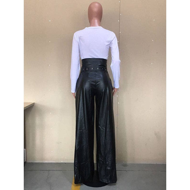 Faux Leather Wide-Leg Belted Pants