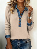 Denim-Trim Ribbed Knit Top