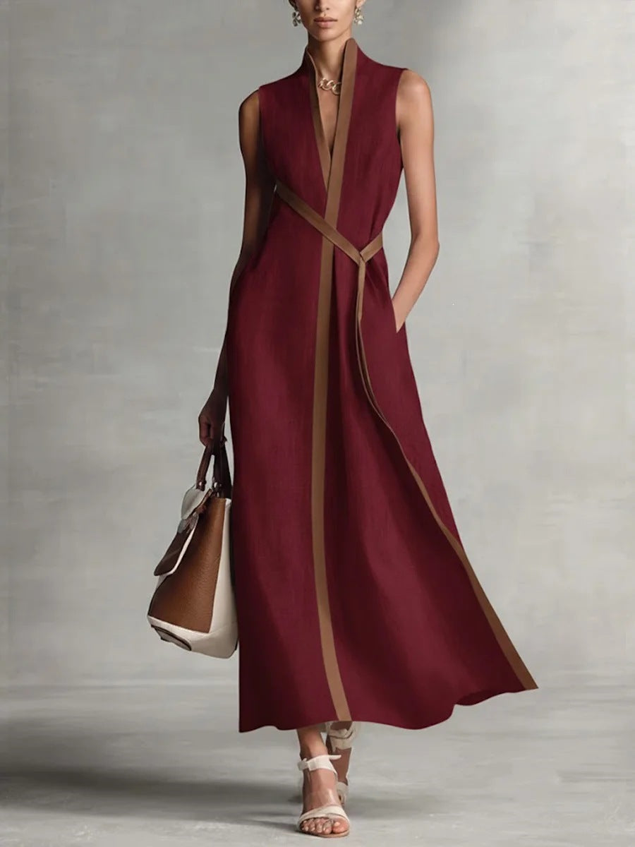 Color Block Sleeveless Linen-Blend Dress