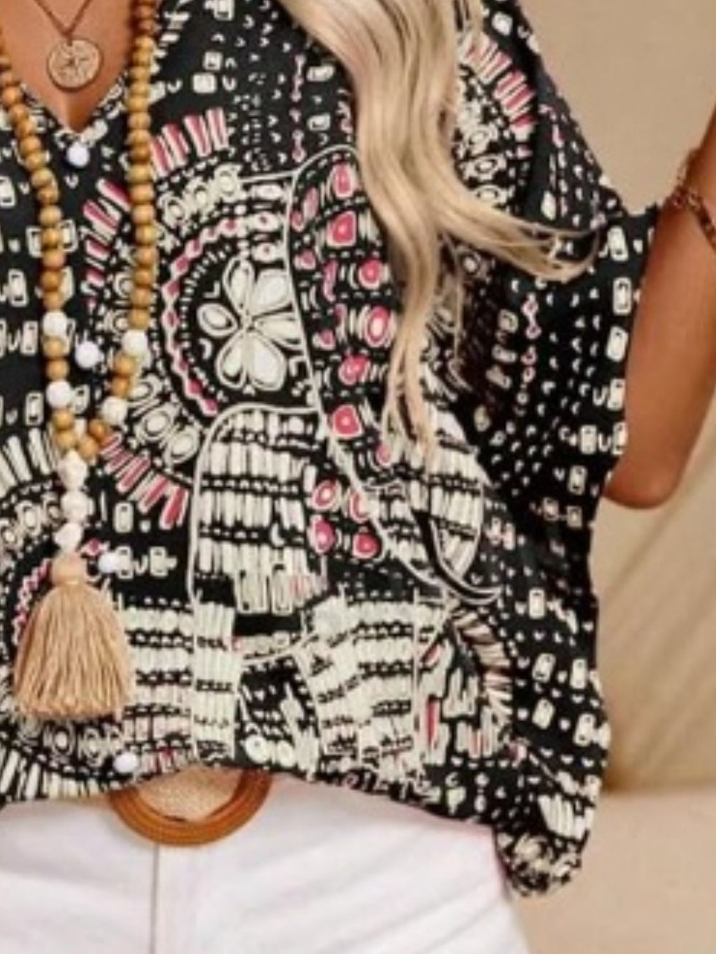 Printed V-Neck Half-Sleeve Top