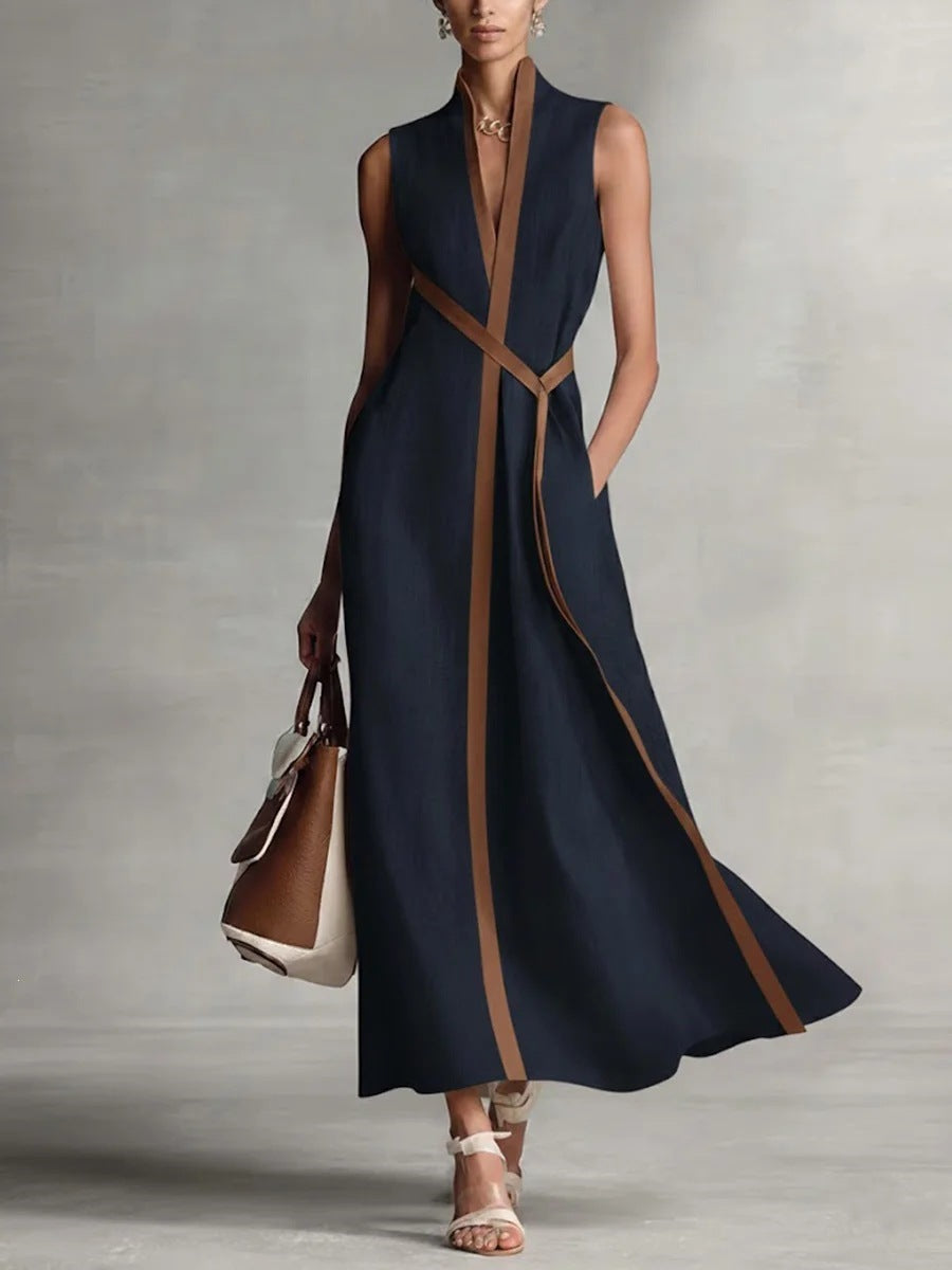 Color Block Sleeveless Linen-Blend Dress