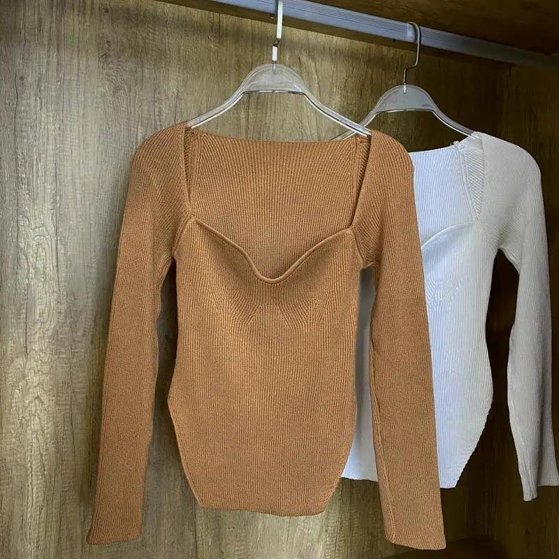 Square-Collar Knit Pullover Sweater