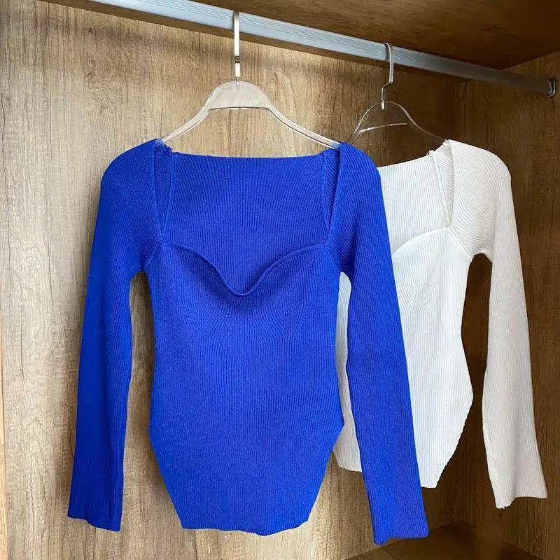 Square-Collar Knit Pullover Sweater