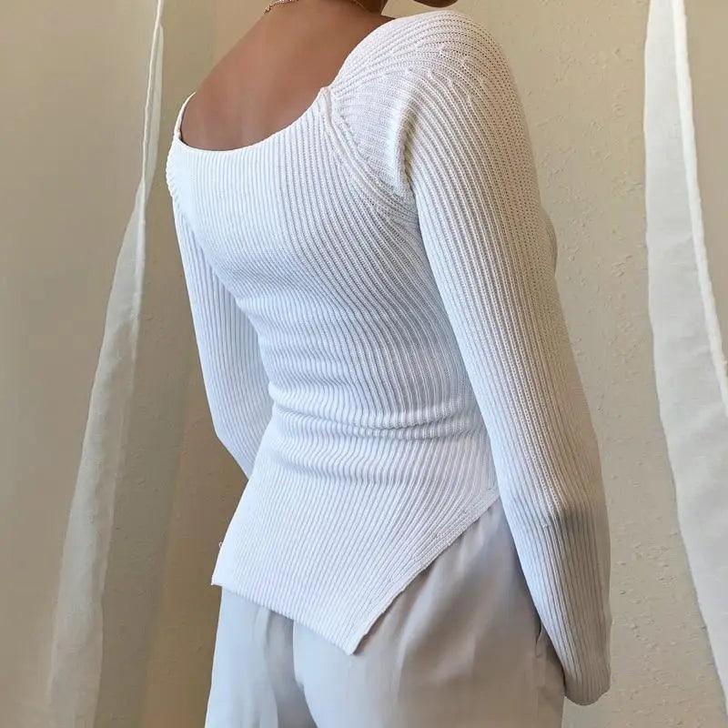 Square-Collar Knit Pullover Sweater