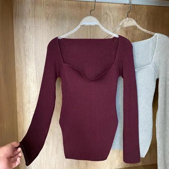 Square-Collar Knit Pullover Sweater