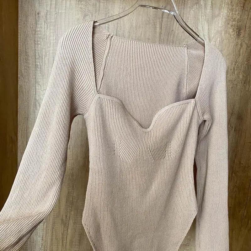 Square-Collar Knit Pullover Sweater