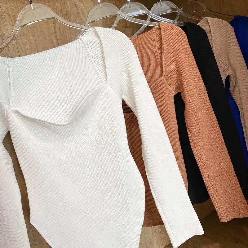 Square-Collar Knit Pullover Sweater