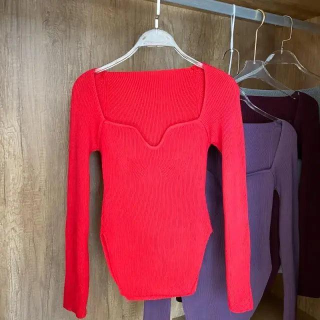 Square-Collar Knit Pullover Sweater