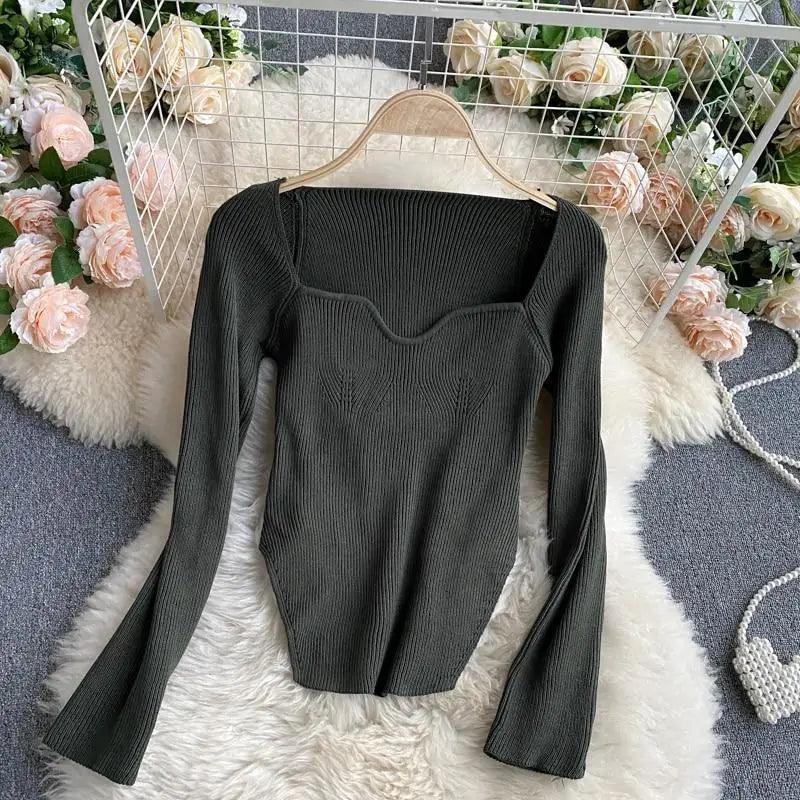 Square-Collar Knit Pullover Sweater