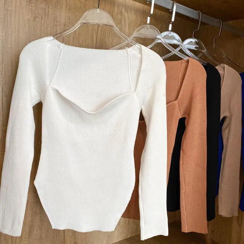 Square-Collar Knit Pullover Sweater