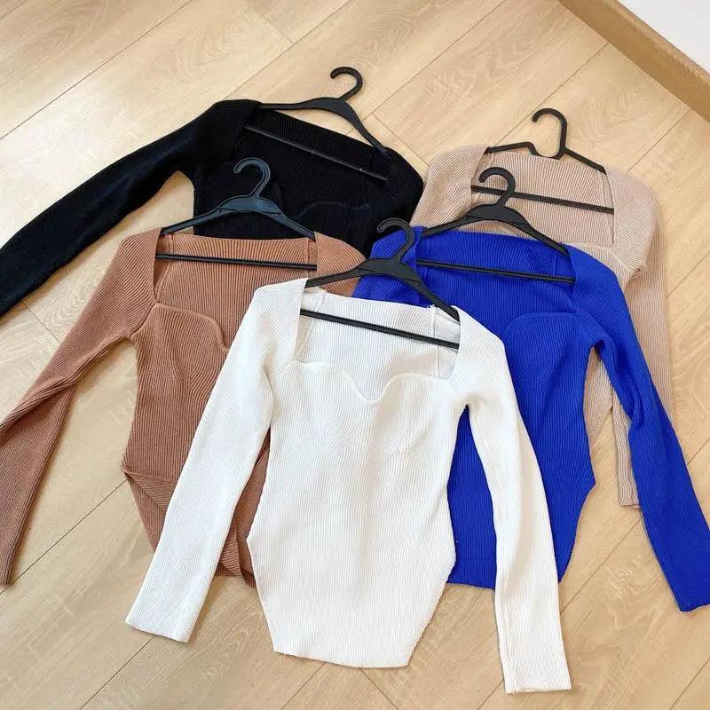 Square-Collar Knit Pullover Sweater