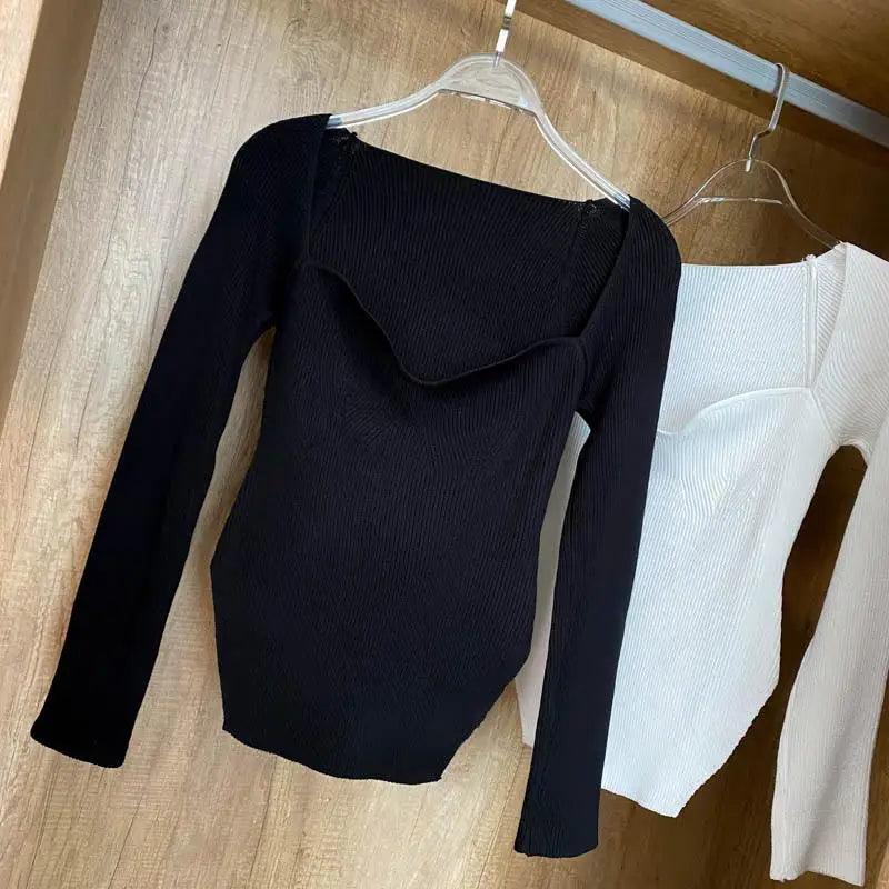 Square-Collar Knit Pullover Sweater