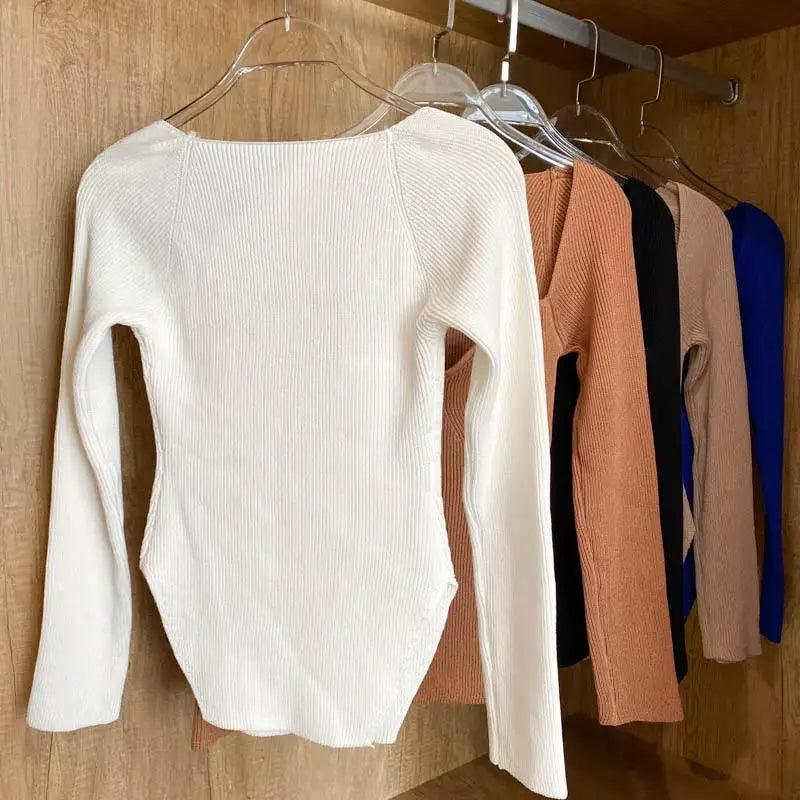 Square-Collar Knit Pullover Sweater