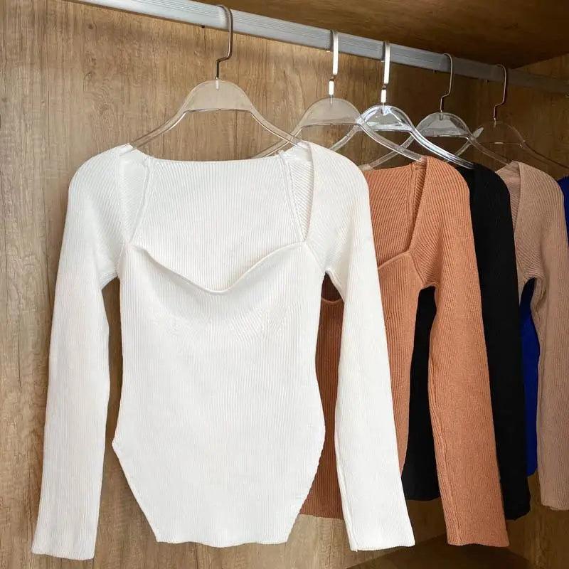 Square-Collar Knit Pullover Sweater