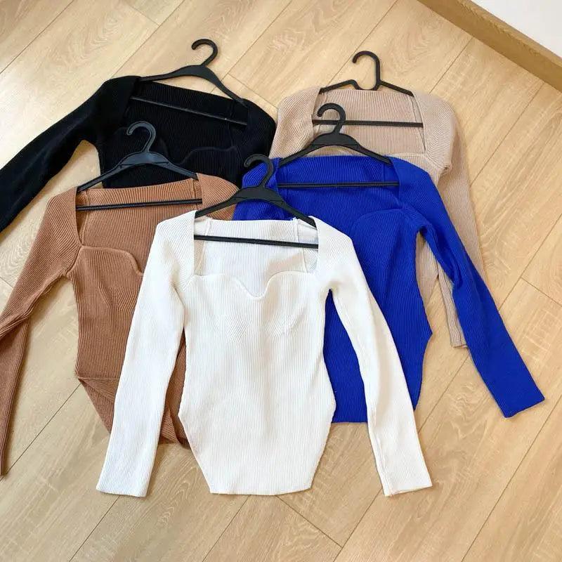 Square-Collar Knit Pullover Sweater