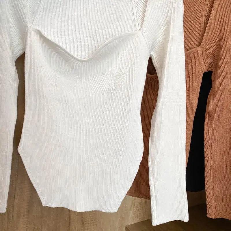 Square-Collar Knit Pullover Sweater