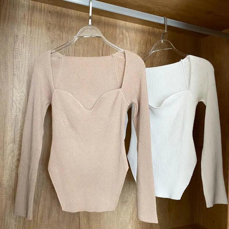 Square-Collar Knit Pullover Sweater