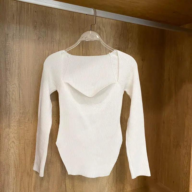 Square-Collar Knit Pullover Sweater